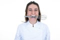 Woman chef funny happy with a mixer hand in her mouth on white background