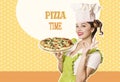 Woman chef holding pizza on retro background Royalty Free Stock Photo