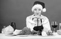 Woman chef santa hat cooking at kitchen. Best christmas recipes of perfect housewife. Christmas dinner idea. Cooking for