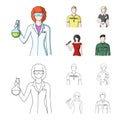 Woman chemist, football player, hotel maid, singer, presenter.Profession set collection icons in cartoon,outline style
