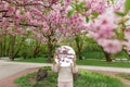 woman with cherry tree reflection in round mirror Royalty Free Stock Photo