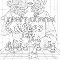 Woman and chess. International Chess Day.Coloring book antistress for children and adults.