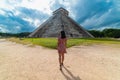 Woman with Chichen Itza Mayan Ruins in the background Yucatan Mexico Royalty Free Stock Photo