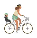 Woman and child on bicycle. Young happy mother with baby riding vector family activities illustraton Royalty Free Stock Photo