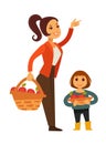 Woman and child gather apple fruit harvest in basket vector flat icons