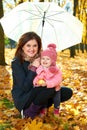 Woman with child girl under umbrella in autumn city park, happy family Royalty Free Stock Photo