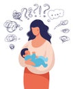 A woman with a child in her arms asks herself many questions. Conceptual illustration about postpartum depression, help