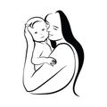 Woman with a child. Logo of a young mother with a baby in her hands. Black and white illustration of a mother hugging