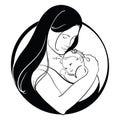 Woman with a child. Logo of a young mother with a baby in her hands. Black and white illustration of a mother hugging Royalty Free Stock Photo