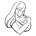 Woman with a child. Logo of a young mother with a baby in her hands. Black and white illustration of a mother hugging Royalty Free Stock Photo