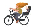 A Woman with a child ride bicycle. A Kid in child seat. Digital illlustartion on white background Royalty Free Stock Photo