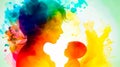 Woman and child are silhouetted against colorful background with watercolors. Generative AI