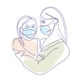 Woman with a child stands in a protective medical mask vector illustration.Mother with daughter in medical masks.