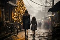 A woman and child walking down a snowy street at night