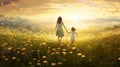 Woman and child walking through field with yellow flowers on sunset. Mother and daughter are walking Royalty Free Stock Photo