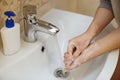 Woman washes hands from a coronavirus . Hygiene for washing hands from germs and viruses