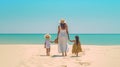 woman and children on beach at sea blue sky ,beautiful landsdcape minimalism copy space,travel and vacation ,