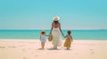 woman and children on beach at sea blue sky ,beautiful landsdcape minimalism copy space,travel and vacation ,