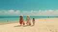 woman and children on beach at sea blue sky ,beautiful landsdcape minimalism copy space,travel and vacation ,