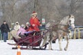 Woman and children having a horse drawn sleigh ride at the sunny winter park