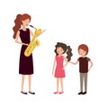 Woman with children and saxophone character Royalty Free Stock Photo