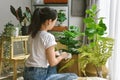 Woman chilling and taking care of monstera leaves, Artificial plant, Fiddle leaf fig tree, Indoor tropical natural houseplant