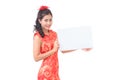 Woman in Chinese dress hold blank paper