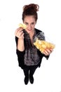 Woman with chips on white background