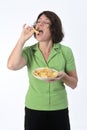 Woman with chips on white background