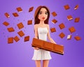 Woman and a chocolate bar, 3d render. Pretty woman loves chocolate. Illustration for advertising a candy store