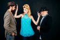 Woman choose between two men. Funny gangsters with young woman. Fashion old grandpa in suit with young son and girl