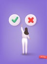 Woman choose YES or NO. Concept of choice, selection, answer, reply, accept of refuse. 3D Web Vector Illustrations