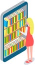 Guy looks at screen with virtual bookshelves and stacks of books. Woman chooses book in online library