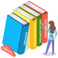 Woman chooses books in online library or bookstore, stand near stack of large multi-colored books