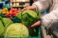 A woman chooses cabbage in a grocery store, close-up. Royalty Free Stock Photo