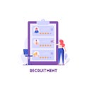 Woman chooses or votes for job candidates with feedback. Recruitment or headhunting agency. Concept of recruitment, headhunting,
