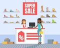 Woman Choosing and Buying Shoes in Store, Shoes Store Interior, Girl Shopping in Mall Vector Illustration Royalty Free Stock Photo