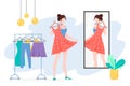 Woman choosing clothes mirror flat vector illustration