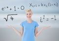 Woman choosing or deciding math equations with open palm hands Royalty Free Stock Photo