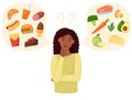 Woman choosing between healthy and unhealthy food. Fastfood vs balanced menu. Concept vector illustration Royalty Free Stock Photo