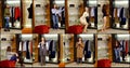 Woman is choosing outfits in wardrobe room, putting on clothes and shoes, collaged view