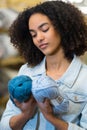 woman choosing variety yarn for needlework Royalty Free Stock Photo