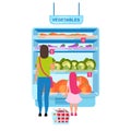 Woman choosing vegetables in greengrocery flat vector illustration