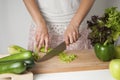 Woman chopping celery vegetable, preparing food in her kitchen, she is cutting fresh celery on a cutting board with a knife. Royalty Free Stock Photo