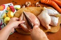 Woman chopping raw chicken for cooking