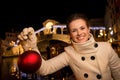 Woman with Christmas Ball near Rialto Bridge in Venice, Italy Royalty Free Stock Photo