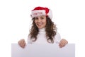 Woman in Christmas cap holding blank informational