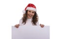 Woman in Christmas cap holding blank informational