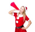 Woman with christmas costume and shout with megaphone Royalty Free Stock Photo