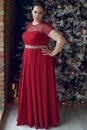 Woman at Christmas. Fat woman in a beautiful dress for a holiday. Royalty Free Stock Photo